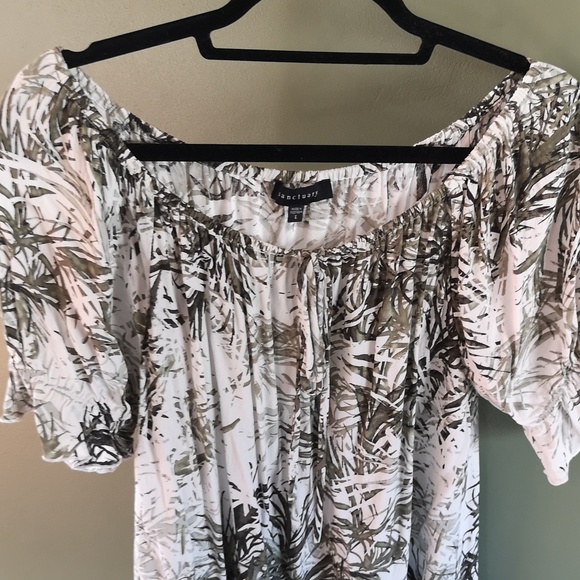 Sanctuary Green Tiki Palm Tropical Print Off The Shoulder 3/4 Sleeve Top Sz L - Picture 4 of 11